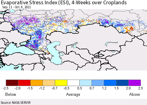 Russian Federation Evaporative Stress Index (ESI), 4-Weeks over Croplands Thematic Map For 10/4/2021 - 10/10/2021