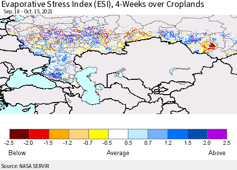 Russian Federation Evaporative Stress Index (ESI), 4-Weeks over Croplands Thematic Map For 10/11/2021 - 10/17/2021