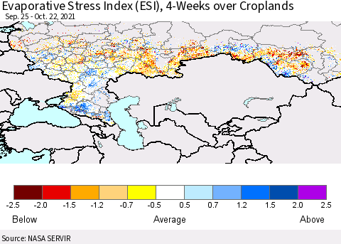 Russian Federation Evaporative Stress Index (ESI), 4-Weeks over Croplands Thematic Map For 10/18/2021 - 10/24/2021