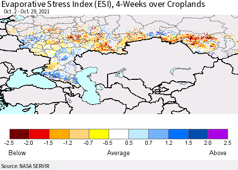 Russian Federation Evaporative Stress Index (ESI), 4-Weeks over Croplands Thematic Map For 10/25/2021 - 10/31/2021