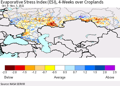 Russian Federation Evaporative Stress Index (ESI), 4-Weeks over Croplands Thematic Map For 11/1/2021 - 11/7/2021
