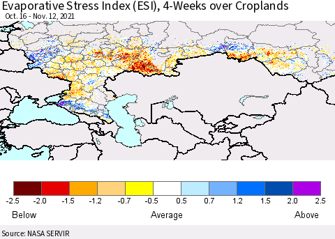 Russian Federation Evaporative Stress Index (ESI), 4-Weeks over Croplands Thematic Map For 11/8/2021 - 11/14/2021