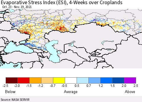 Russian Federation Evaporative Stress Index (ESI), 4-Weeks over Croplands Thematic Map For 11/15/2021 - 11/21/2021