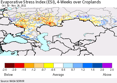 Russian Federation Evaporative Stress Index (ESI), 4-Weeks over Croplands Thematic Map For 11/22/2021 - 11/28/2021