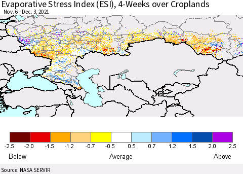 Russian Federation Evaporative Stress Index (ESI), 4-Weeks over Croplands Thematic Map For 11/29/2021 - 12/5/2021