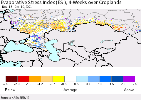 Russian Federation Evaporative Stress Index (ESI), 4-Weeks over Croplands Thematic Map For 12/6/2021 - 12/12/2021