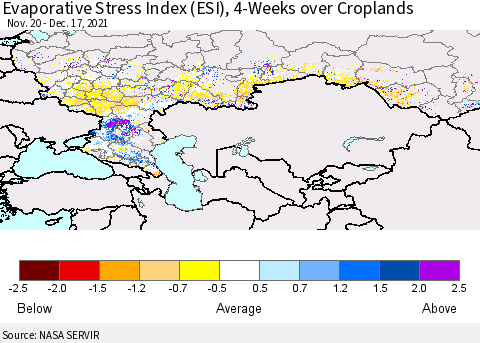 Russian Federation Evaporative Stress Index (ESI), 4-Weeks over Croplands Thematic Map For 12/13/2021 - 12/19/2021