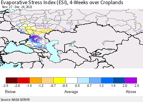 Russian Federation Evaporative Stress Index (ESI), 4-Weeks over Croplands Thematic Map For 12/20/2021 - 12/26/2021