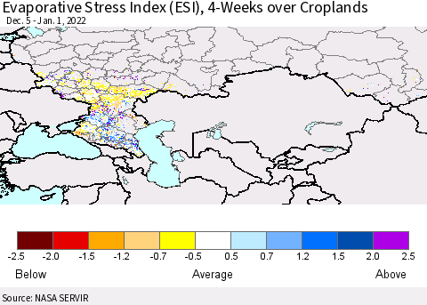 Russian Federation Evaporative Stress Index (ESI), 4-Weeks over Croplands Thematic Map For 12/27/2021 - 1/2/2022