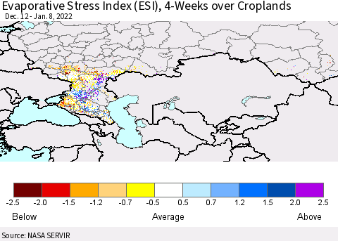 Russian Federation Evaporative Stress Index (ESI), 4-Weeks over Croplands Thematic Map For 1/3/2022 - 1/9/2022
