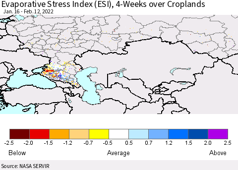 Russian Federation Evaporative Stress Index (ESI), 4-Weeks over Croplands Thematic Map For 2/7/2022 - 2/13/2022