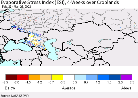 Russian Federation Evaporative Stress Index (ESI), 4-Weeks over Croplands Thematic Map For 3/21/2022 - 3/27/2022