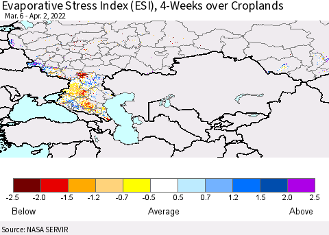 Russian Federation Evaporative Stress Index (ESI), 4-Weeks over Croplands Thematic Map For 3/28/2022 - 4/3/2022