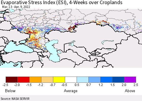 Russian Federation Evaporative Stress Index (ESI), 4-Weeks over Croplands Thematic Map For 4/4/2022 - 4/10/2022
