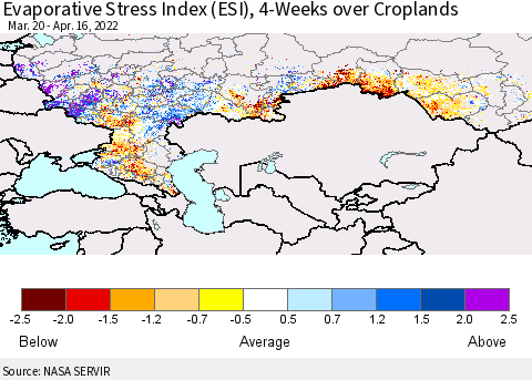 Russian Federation Evaporative Stress Index (ESI), 4-Weeks over Croplands Thematic Map For 4/11/2022 - 4/17/2022