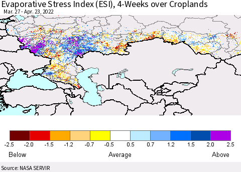 Russian Federation Evaporative Stress Index (ESI), 4-Weeks over Croplands Thematic Map For 4/18/2022 - 4/24/2022