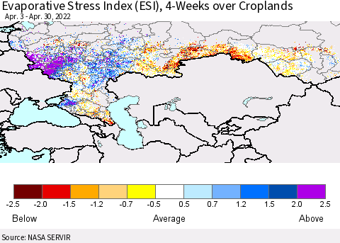Russian Federation Evaporative Stress Index (ESI), 4-Weeks over Croplands Thematic Map For 4/25/2022 - 5/1/2022