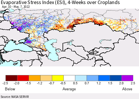 Russian Federation Evaporative Stress Index (ESI), 4-Weeks over Croplands Thematic Map For 5/2/2022 - 5/8/2022