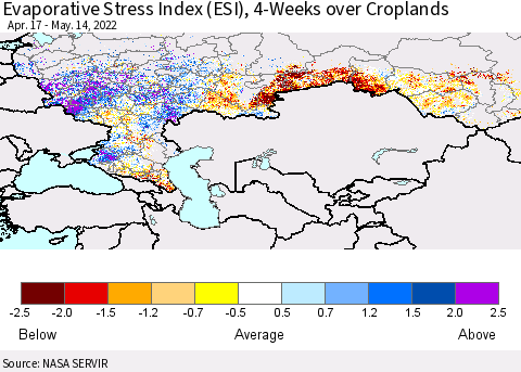 Russian Federation Evaporative Stress Index (ESI), 4-Weeks over Croplands Thematic Map For 5/9/2022 - 5/15/2022