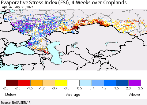 Russian Federation Evaporative Stress Index (ESI), 4-Weeks over Croplands Thematic Map For 5/16/2022 - 5/22/2022