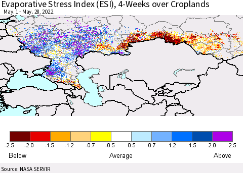 Russian Federation Evaporative Stress Index (ESI), 4-Weeks over Croplands Thematic Map For 5/23/2022 - 5/29/2022