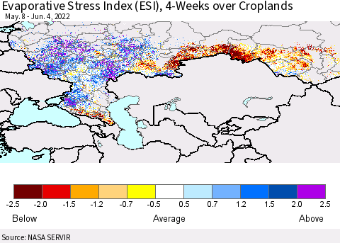 Russian Federation Evaporative Stress Index (ESI), 4-Weeks over Croplands Thematic Map For 5/30/2022 - 6/5/2022