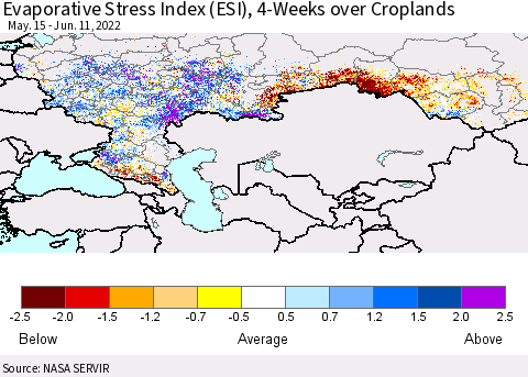 Russian Federation Evaporative Stress Index (ESI), 4-Weeks over Croplands Thematic Map For 6/6/2022 - 6/12/2022