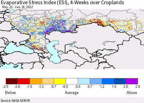Russian Federation Evaporative Stress Index (ESI), 4-Weeks over Croplands Thematic Map For 6/13/2022 - 6/19/2022