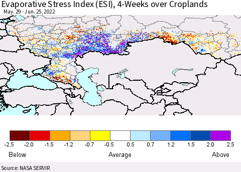 Russian Federation Evaporative Stress Index (ESI), 4-Weeks over Croplands Thematic Map For 6/20/2022 - 6/26/2022