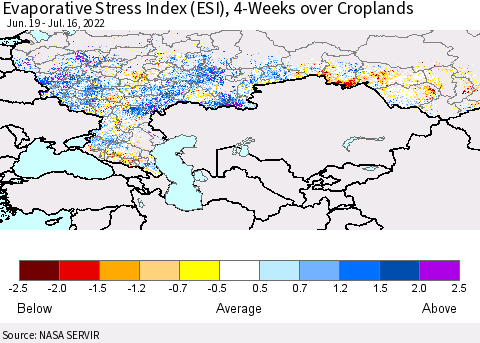 Russian Federation Evaporative Stress Index (ESI), 4-Weeks over Croplands Thematic Map For 7/11/2022 - 7/17/2022