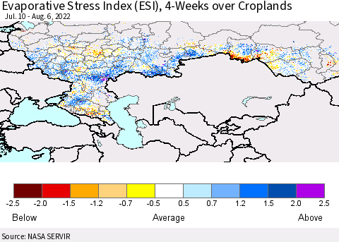 Russian Federation Evaporative Stress Index (ESI), 4-Weeks over Croplands Thematic Map For 8/1/2022 - 8/7/2022