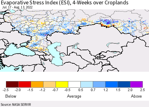 Russian Federation Evaporative Stress Index (ESI), 4-Weeks over Croplands Thematic Map For 8/8/2022 - 8/14/2022
