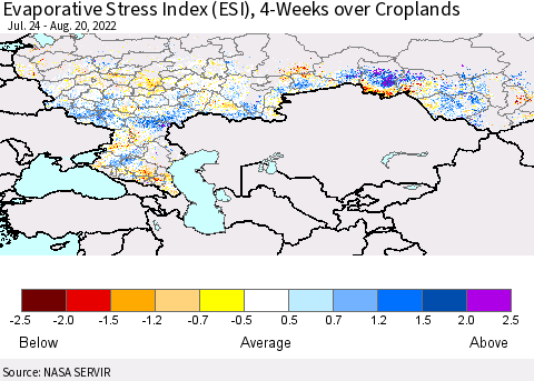 Russian Federation Evaporative Stress Index (ESI), 4-Weeks over Croplands Thematic Map For 8/15/2022 - 8/21/2022