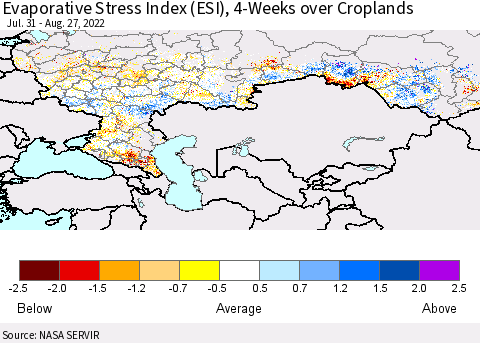 Russian Federation Evaporative Stress Index (ESI), 4-Weeks over Croplands Thematic Map For 8/22/2022 - 8/28/2022