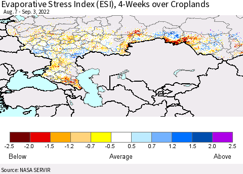 Russian Federation Evaporative Stress Index (ESI), 4-Weeks over Croplands Thematic Map For 8/29/2022 - 9/4/2022
