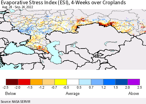 Russian Federation Evaporative Stress Index (ESI), 4-Weeks over Croplands Thematic Map For 9/19/2022 - 9/25/2022