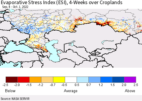 Russian Federation Evaporative Stress Index (ESI), 4-Weeks over Croplands Thematic Map For 9/26/2022 - 10/2/2022
