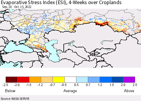 Russian Federation Evaporative Stress Index (ESI), 4-Weeks over Croplands Thematic Map For 10/10/2022 - 10/16/2022