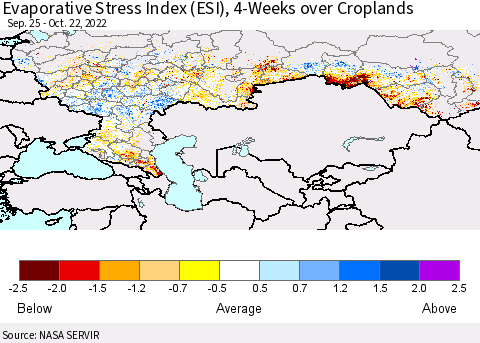Russian Federation Evaporative Stress Index (ESI), 4-Weeks over Croplands Thematic Map For 10/17/2022 - 10/23/2022