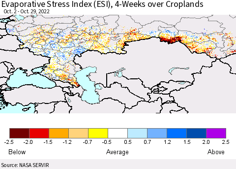 Russian Federation Evaporative Stress Index (ESI), 4-Weeks over Croplands Thematic Map For 10/24/2022 - 10/30/2022