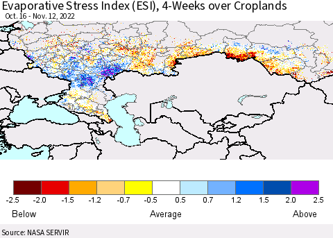 Russian Federation Evaporative Stress Index (ESI), 4-Weeks over Croplands Thematic Map For 11/7/2022 - 11/13/2022
