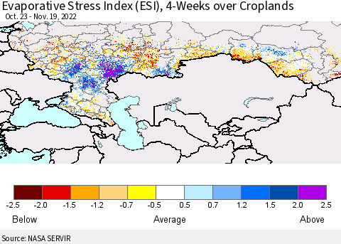 Russian Federation Evaporative Stress Index (ESI), 4-Weeks over Croplands Thematic Map For 11/14/2022 - 11/20/2022