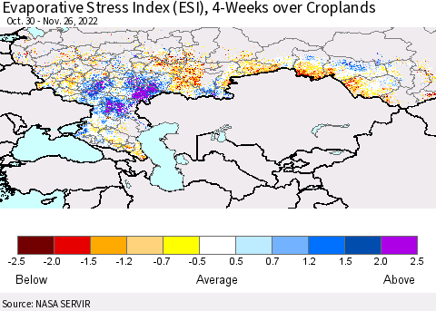 Russian Federation Evaporative Stress Index (ESI), 4-Weeks over Croplands Thematic Map For 11/21/2022 - 11/27/2022