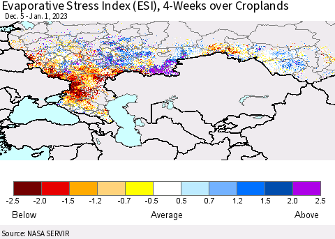 Russian Federation Evaporative Stress Index (ESI), 4-Weeks over Croplands Thematic Map For 12/26/2022 - 1/1/2023