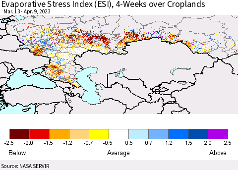 Russian Federation Evaporative Stress Index (ESI), 4-Weeks over Croplands Thematic Map For 4/3/2023 - 4/9/2023