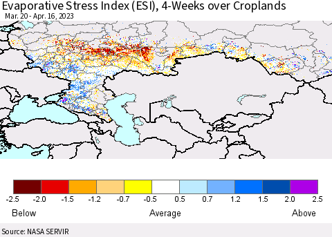 Russian Federation Evaporative Stress Index (ESI), 4-Weeks over Croplands Thematic Map For 4/10/2023 - 4/16/2023