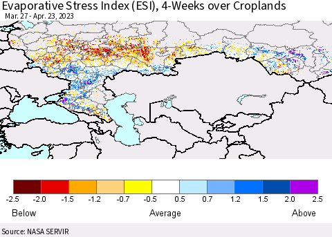 Russian Federation Evaporative Stress Index (ESI), 4-Weeks over Croplands Thematic Map For 4/17/2023 - 4/23/2023