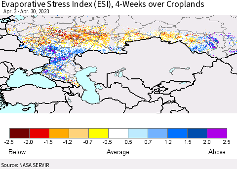 Russian Federation Evaporative Stress Index (ESI), 4-Weeks over Croplands Thematic Map For 4/24/2023 - 4/30/2023