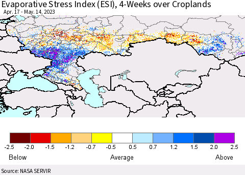 Russian Federation Evaporative Stress Index (ESI), 4-Weeks over Croplands Thematic Map For 5/8/2023 - 5/14/2023