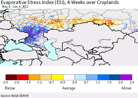Russian Federation Evaporative Stress Index (ESI), 4-Weeks over Croplands Thematic Map For 5/29/2023 - 6/4/2023